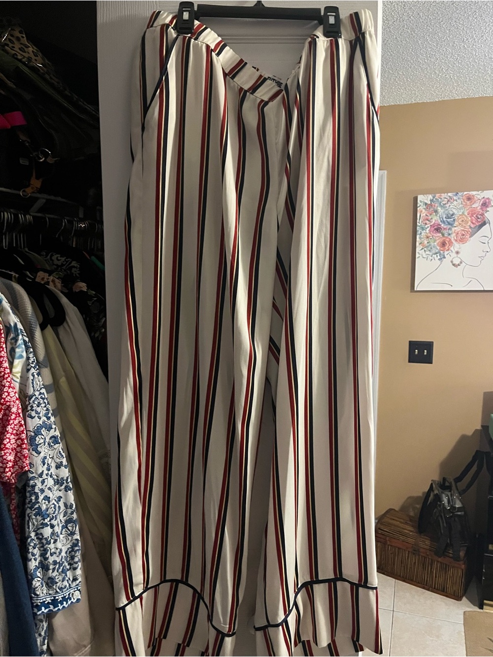 Wide Leg Striped Women’s Pants - Cream with Red & Black Stripes